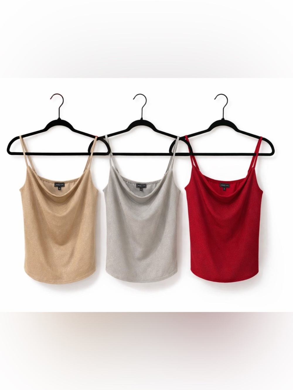 NWT Sage + Fig BUNDLE! Set of 3 Glitter Cowl-Neck Camisole Tops Red/Gold/Silver